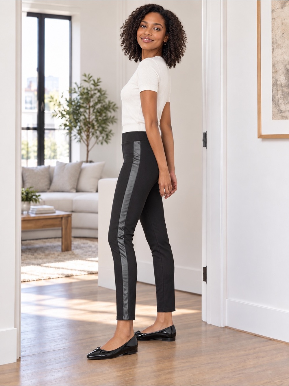 Vince Camuto Black Leggings with Faux Leather Detail